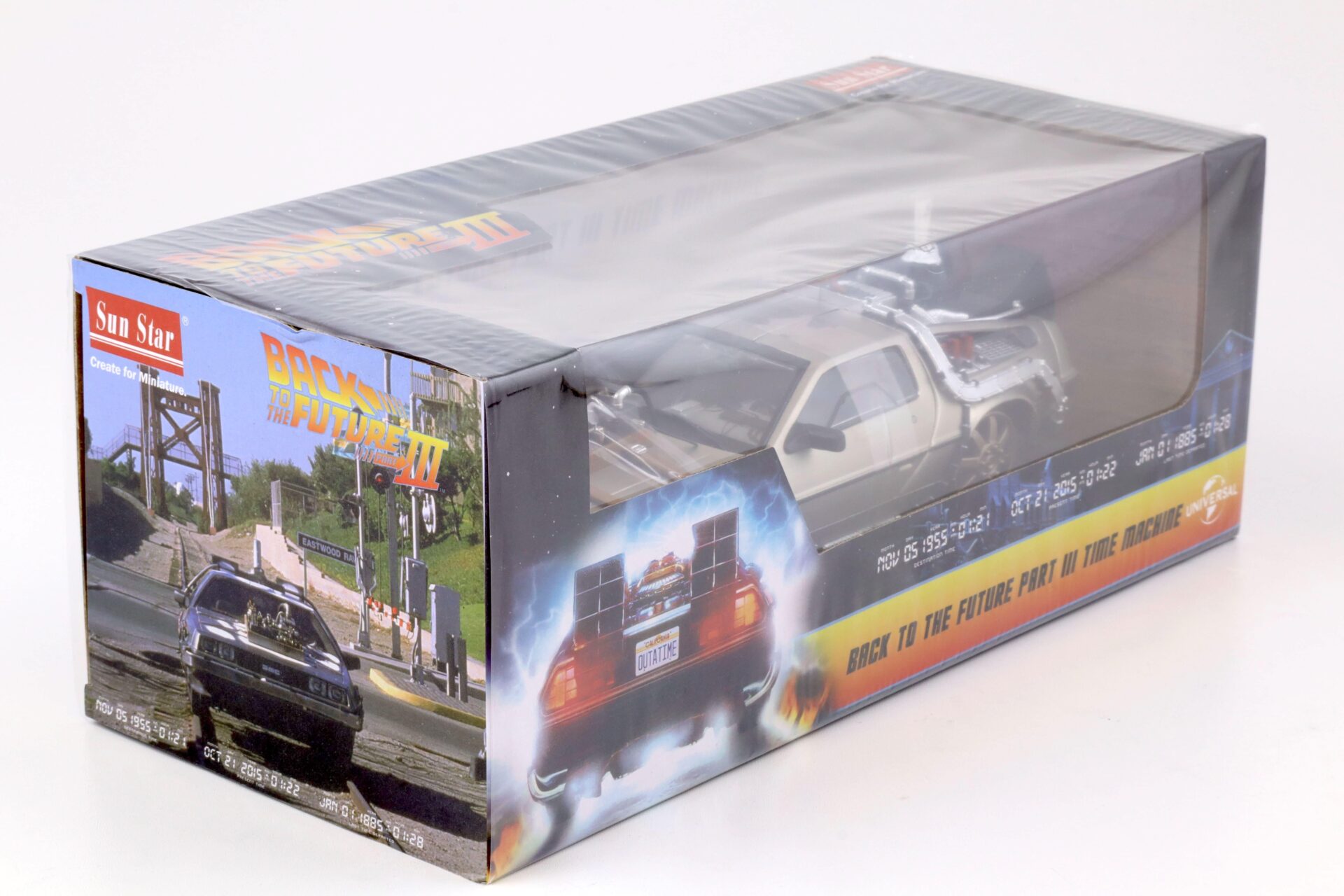 1:18 Sun Star 1987 Delorean DMC-12 Time Machine Back to the Future 3 Rail Road Version