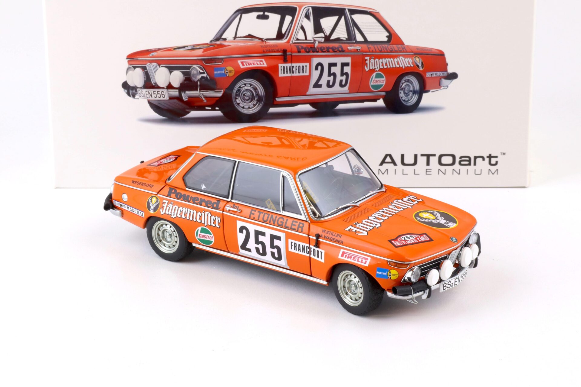 1:18 AUTOart BMW 2002 Rally Monte Carlo Jägermeister 1973 Stiller/Wagener