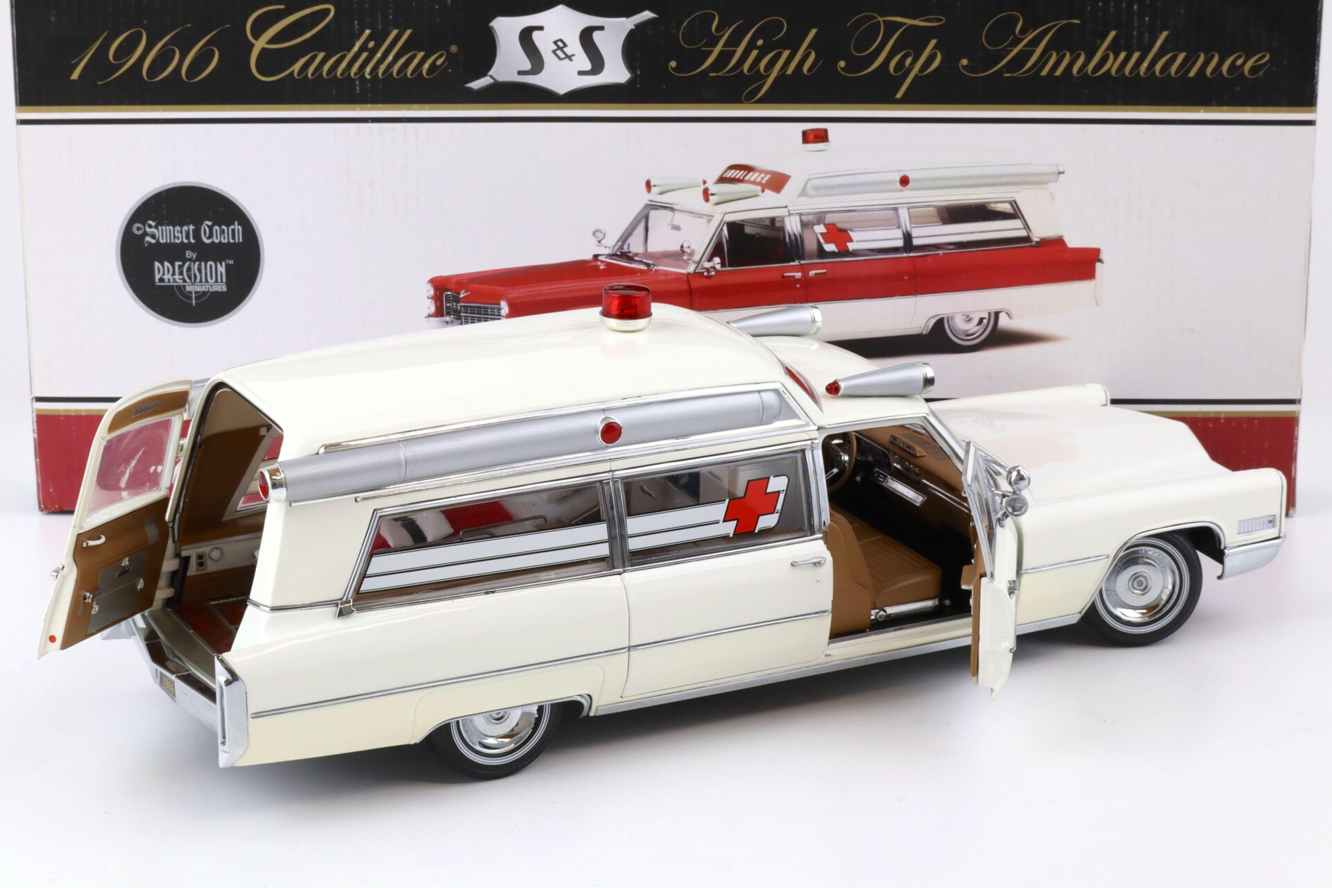 1:18 Precision Miniatures Sunset Coach 1966 Cadillac S&S High Top Ambulance white
