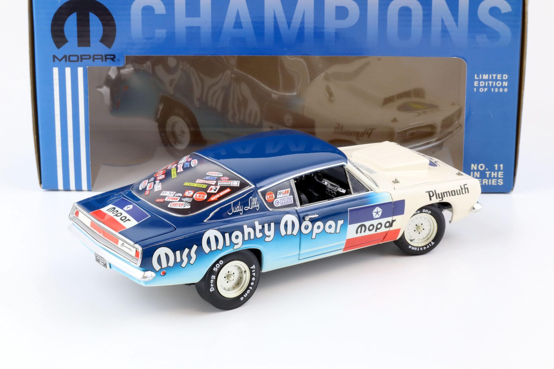 1:18 Highway61 1968 Plymouth Hemi Barracuda Mighty Miss Mopar blue/ white