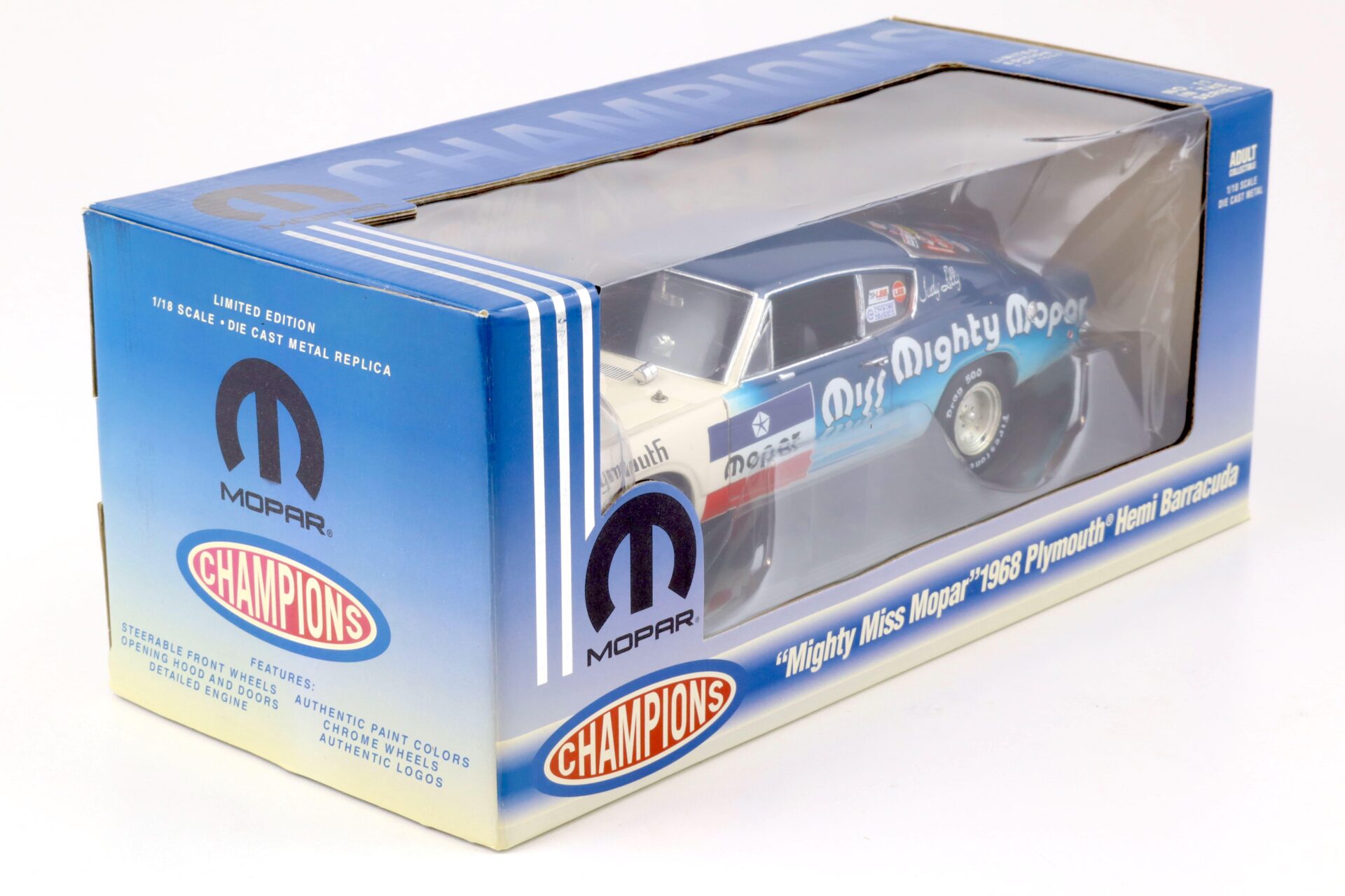 1:18 Highway61 1968 Plymouth Hemi Barracuda Mighty Miss Mopar blue/ white