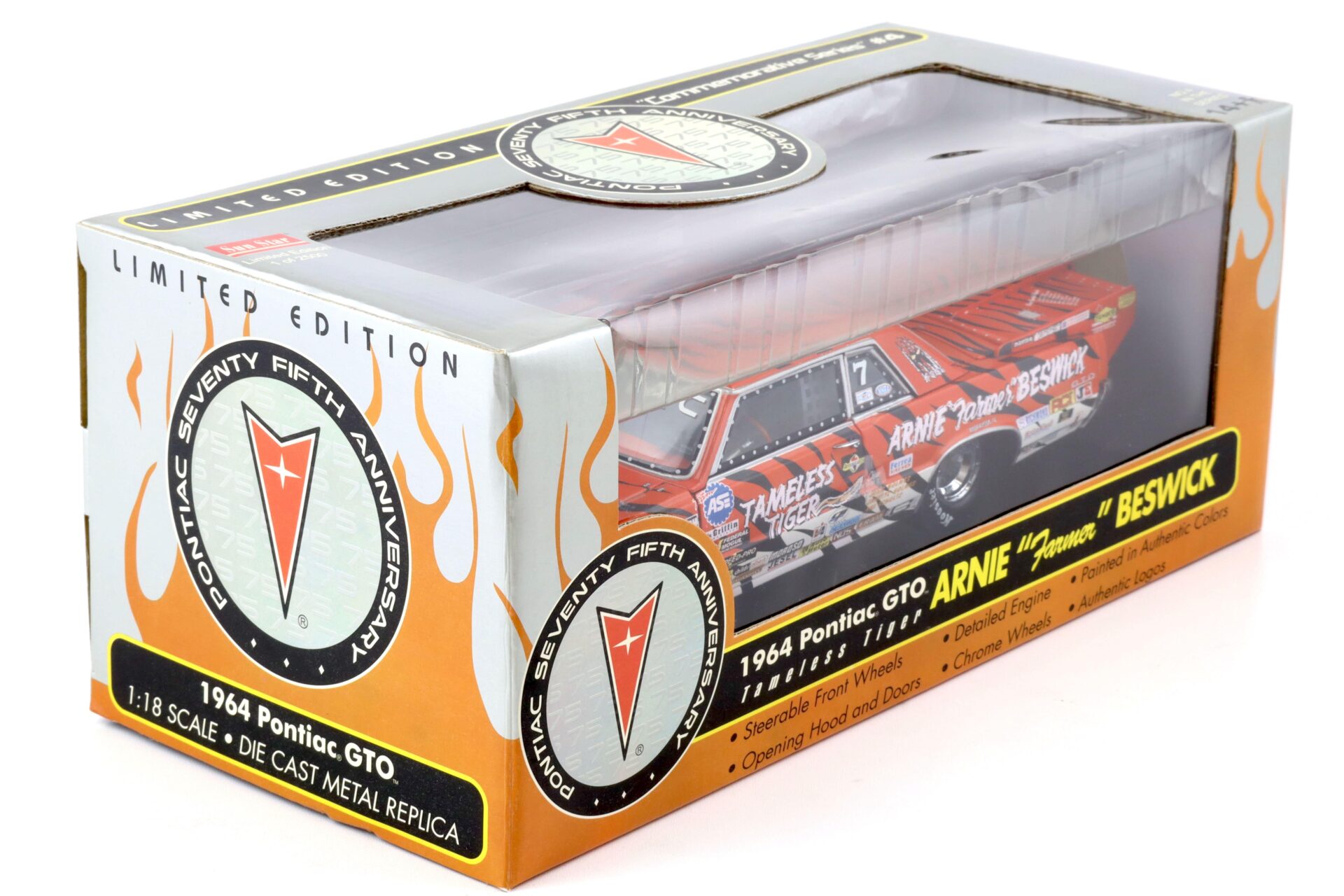 1:18 Sun Star 1964 Pontiac GTO ARNIE Farmer Beswick Tameless Tiger #7 orange