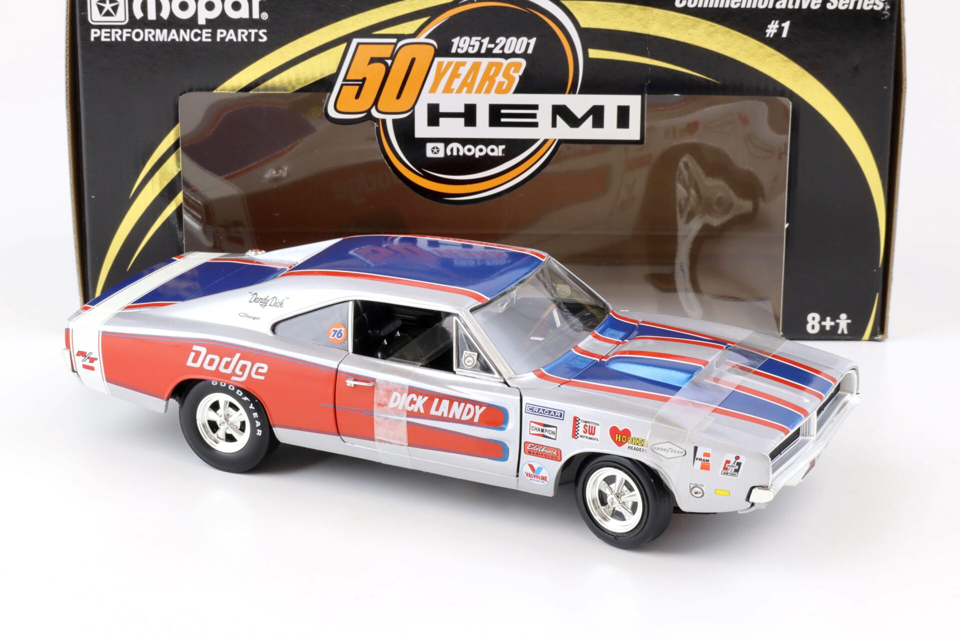 1:18 ERTL 1969 Dodge Charger R/T Dick Landy MOPAR 50 Years Hemi silver/blue/red