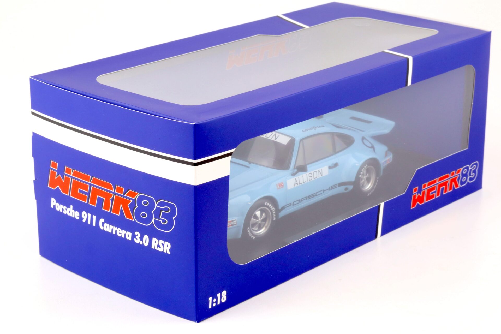 1:18 WERK83 Porsche 911 Carrera 3.0 RSR #9 IROC Riverside 1974 Allison blue