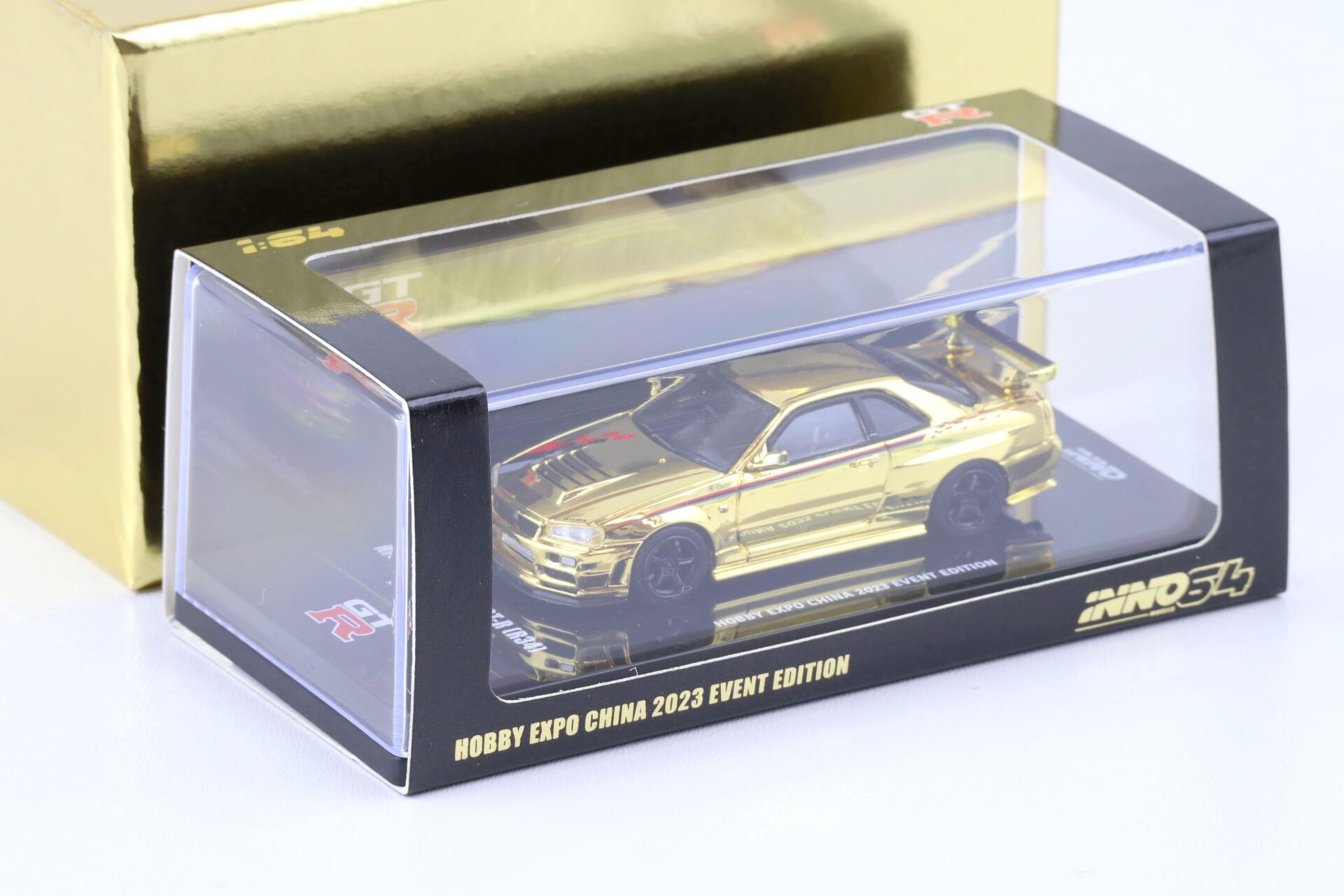 1:64 INNO64 Nissan Skyline (R34) GT-R Nismo R-Tune Hobby Expo China 2023 gold chrome