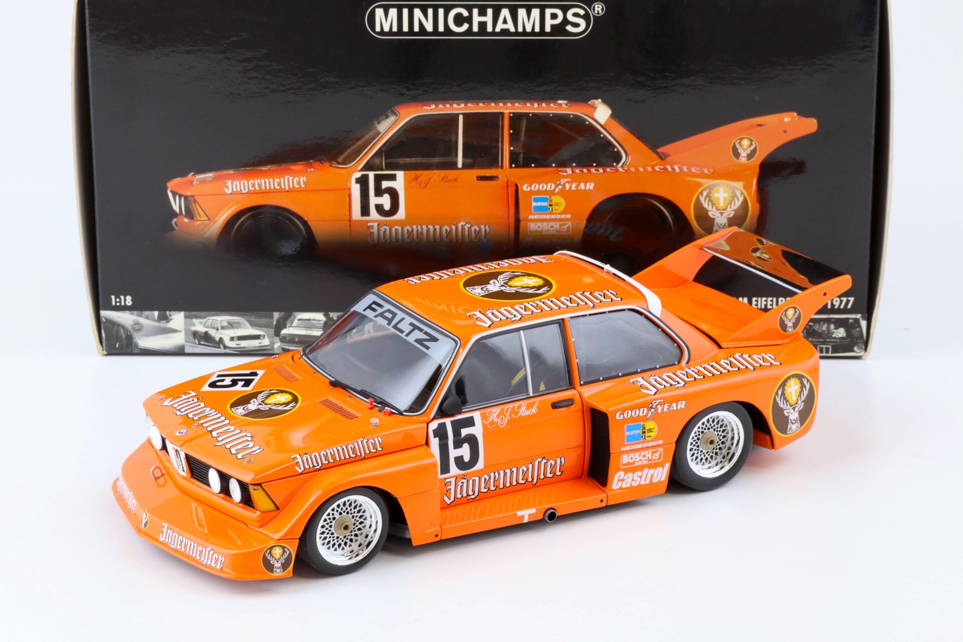 1:18 Minichamps BMW 320i Jägermeister H.J. Stuck #15 Winner DRM Eifelrennen 1977
