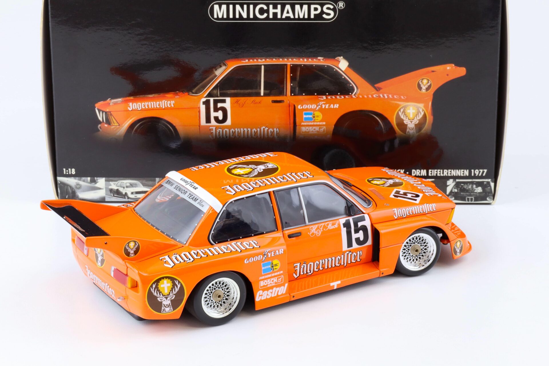 1:18 Minichamps BMW 320i Jägermeister H.J. Stuck #15 Winner DRM Eifelrennen 1977