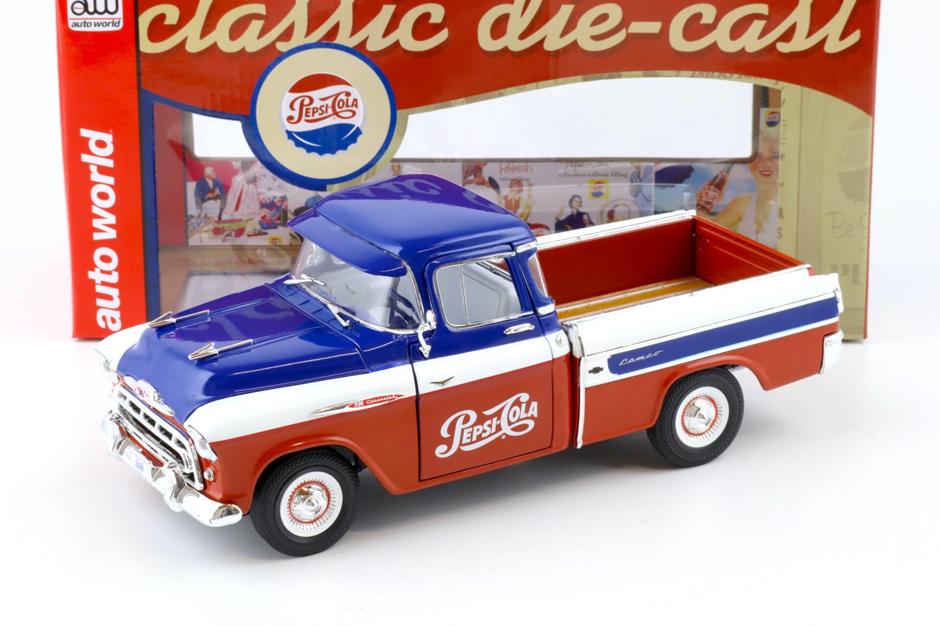 ID 79340 orig.jpg 1:18 Auto World 1957 Chevrolet Chevy Cameo Pick-Up PEPSI Cola blue/white/red
