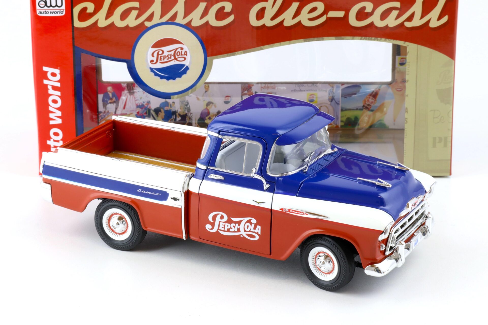 1:18 Auto World 1957 Chevrolet Chevy Cameo Pick-Up PEPSI Cola blue/white/red