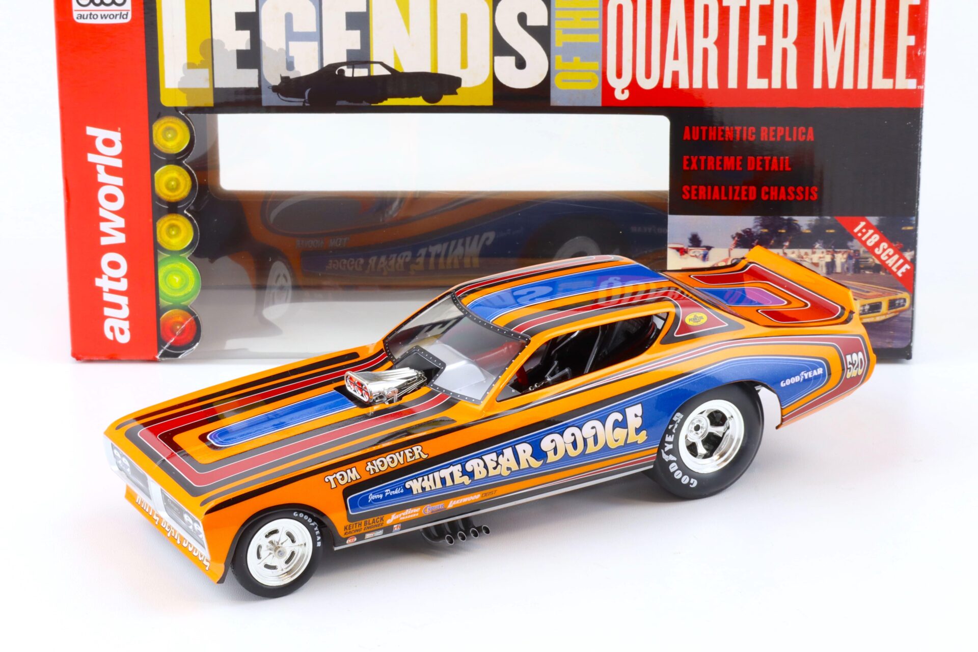 1:18 Auto World 1971 Dodge Charger Funny Car White Bear Dodge Tom Hoover