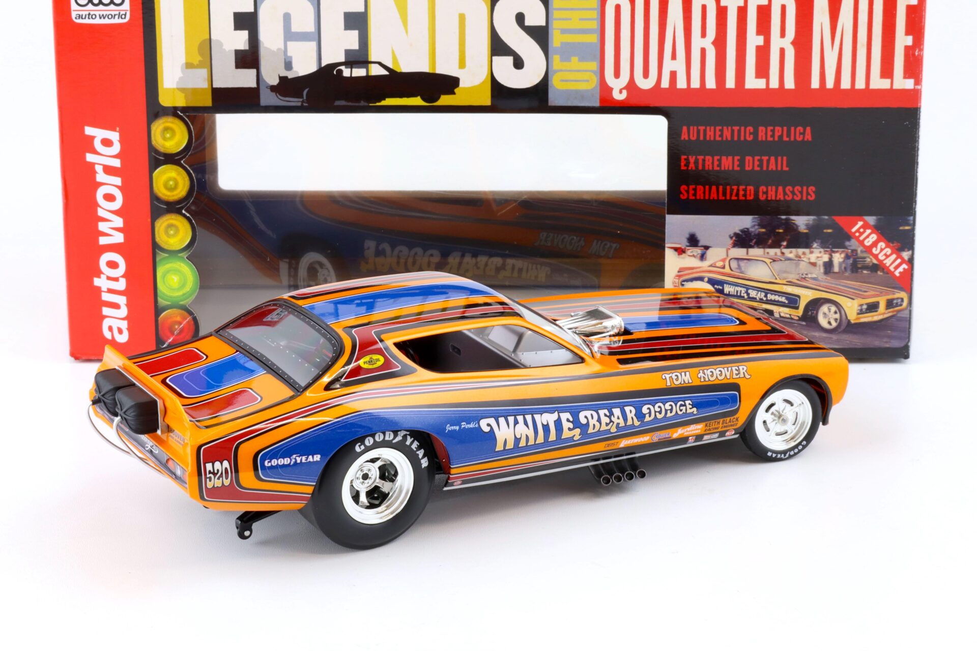 1:18 Auto World 1971 Dodge Charger Funny Car White Bear Dodge Tom Hoover