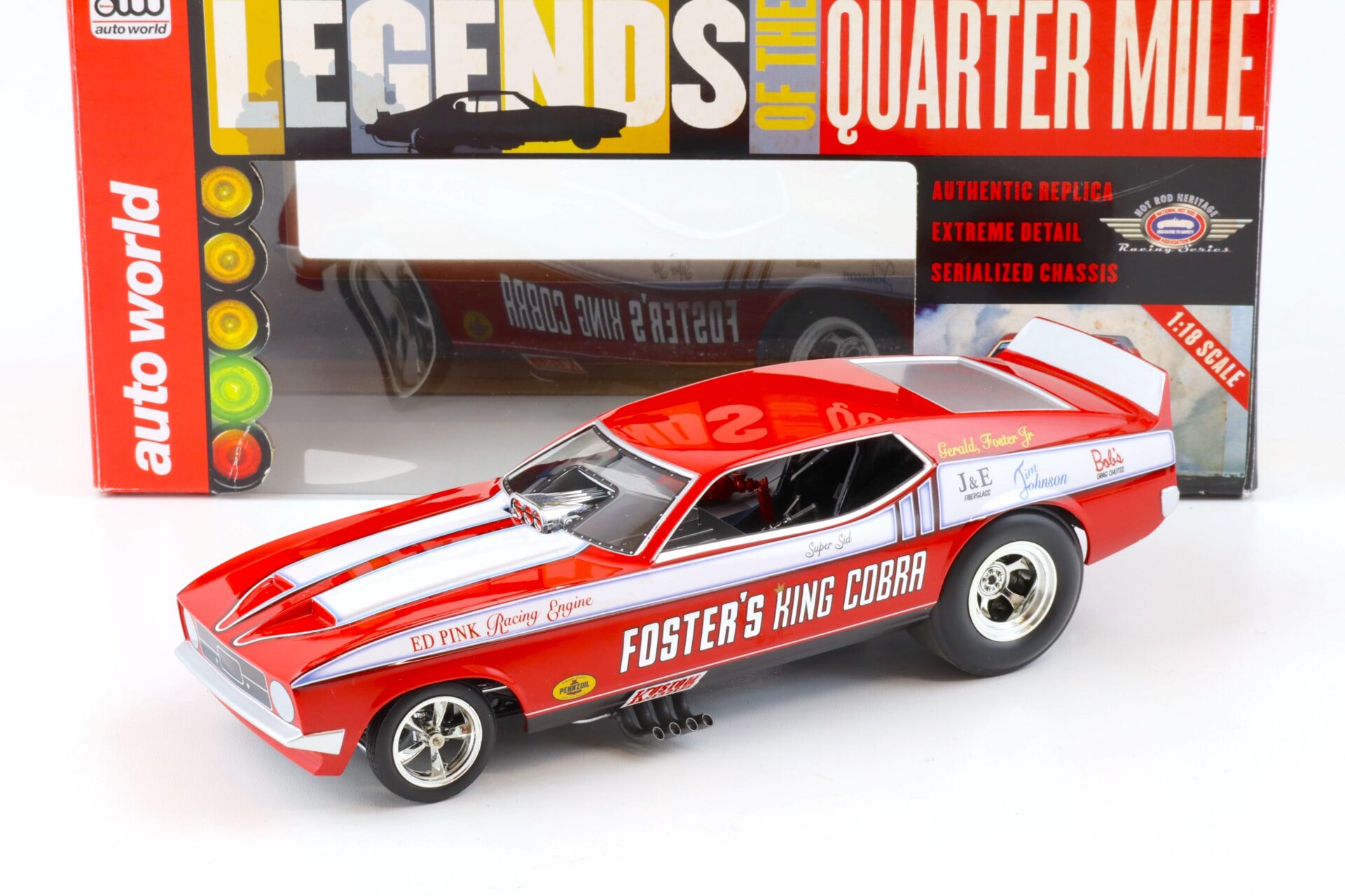1:18 Auto World 1972 Ford Mustang NHRA Funny Car Fosters King Cobra red/ white