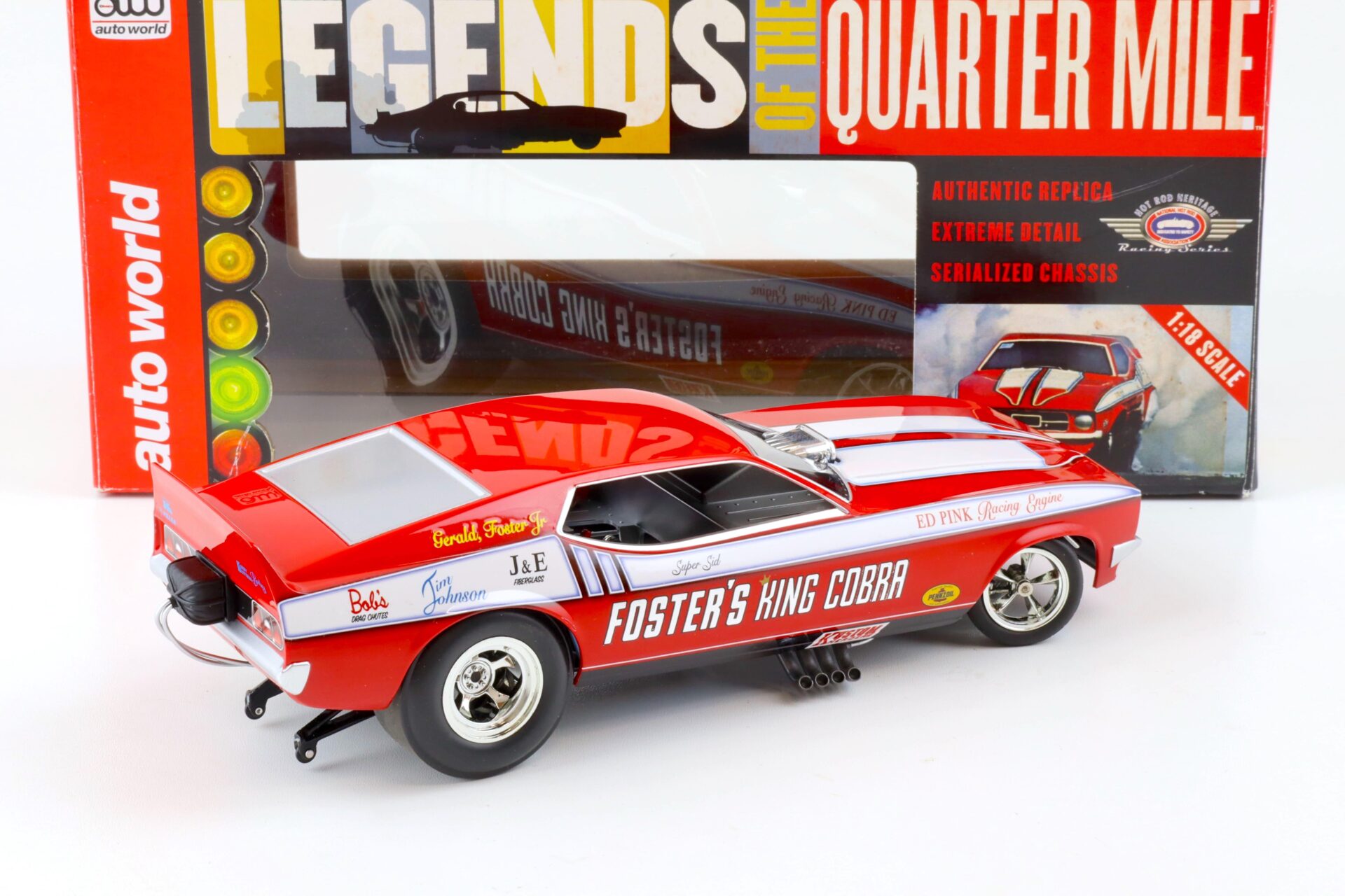 1:18 Auto World 1972 Ford Mustang NHRA Funny Car Fosters King Cobra red/ white