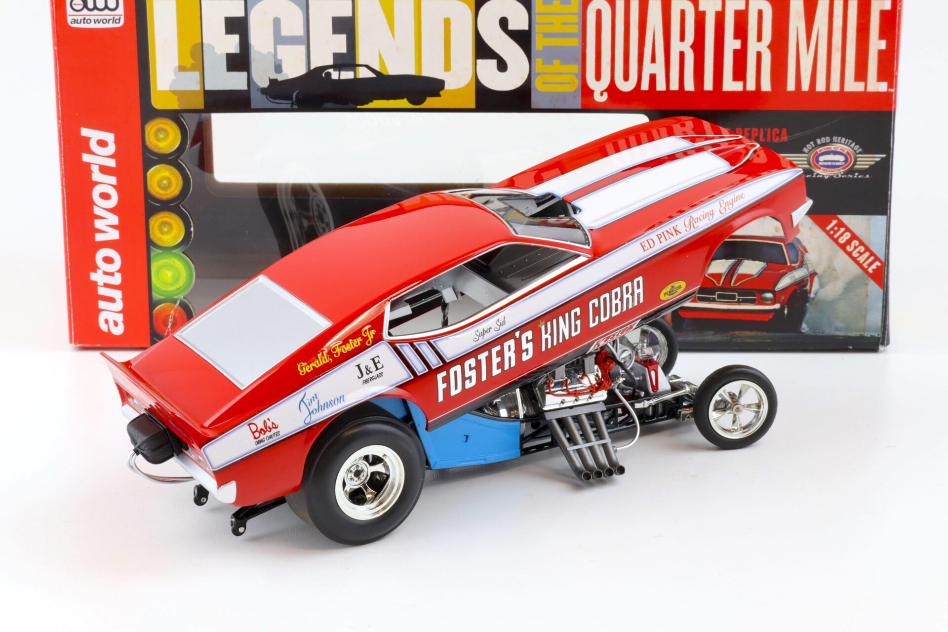 1:18 Auto World 1972 Ford Mustang NHRA Funny Car Fosters King Cobra red/ white