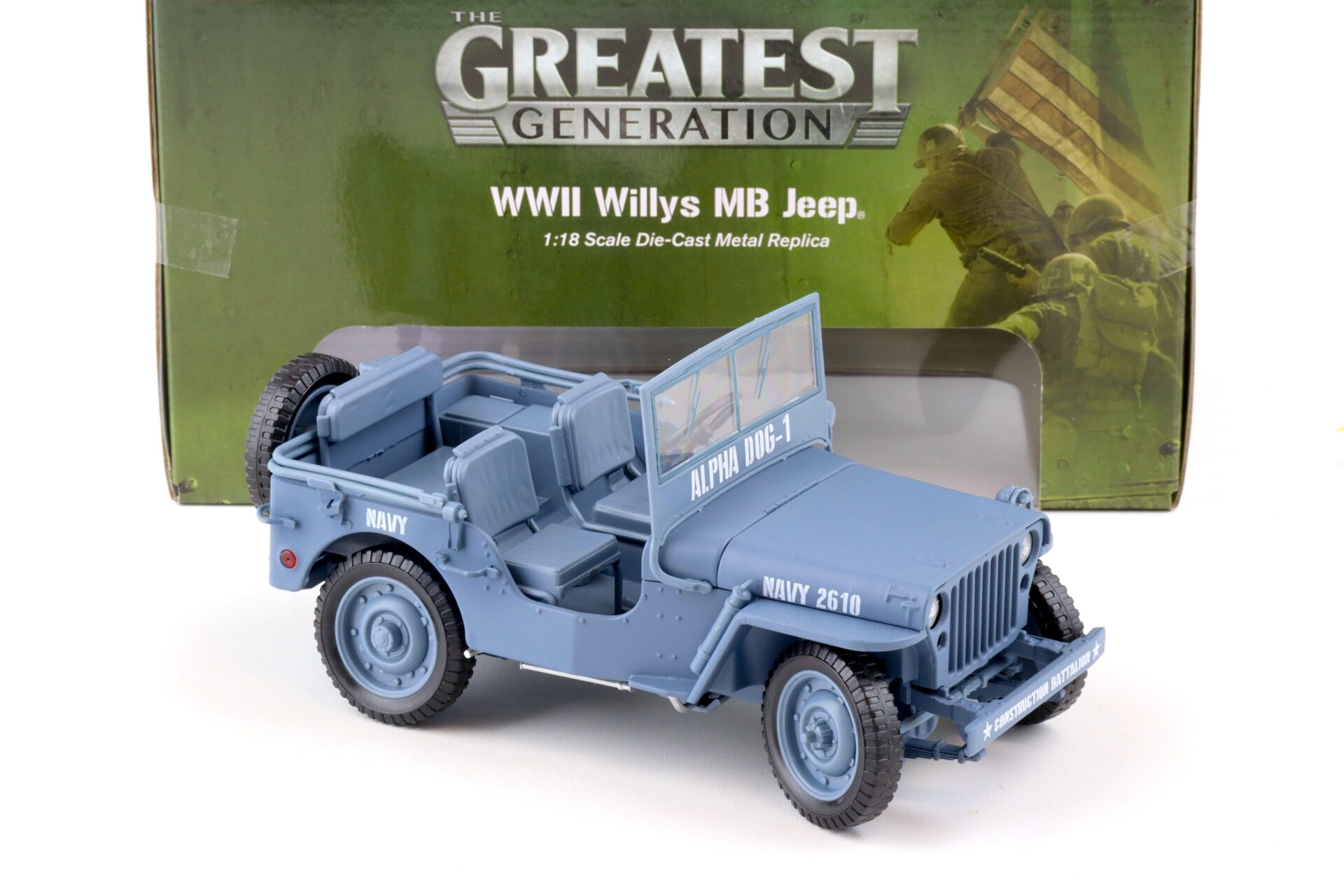1:18 Auto World 1941 WWII Willys MB Jeep Alpha Dog-1 US Navy blue