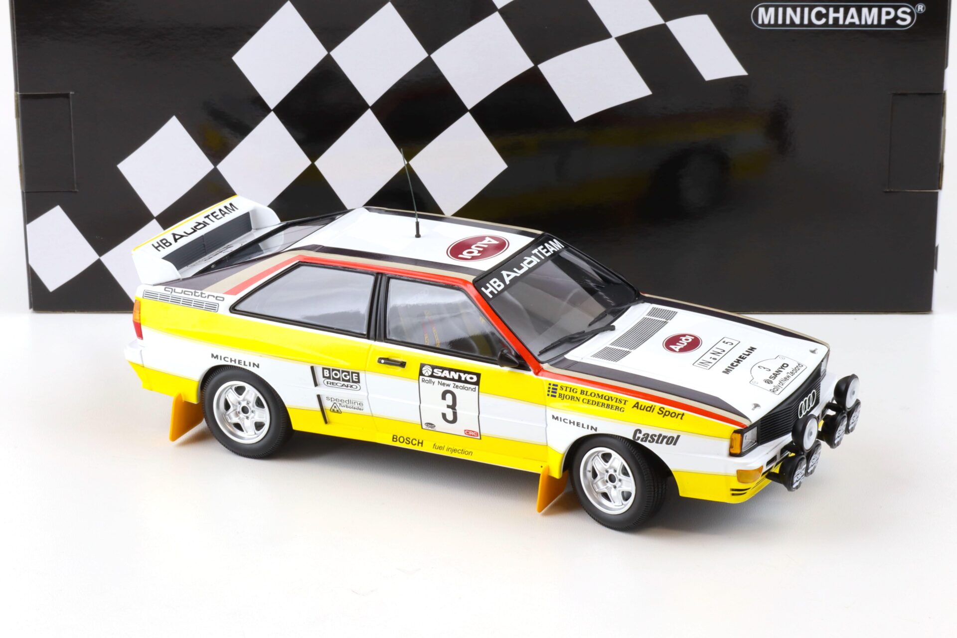1:18 Minichamps Audi Quattro A2 Audi Sport Blomqvist/ Cederberg Winners Rally NZ 1984
