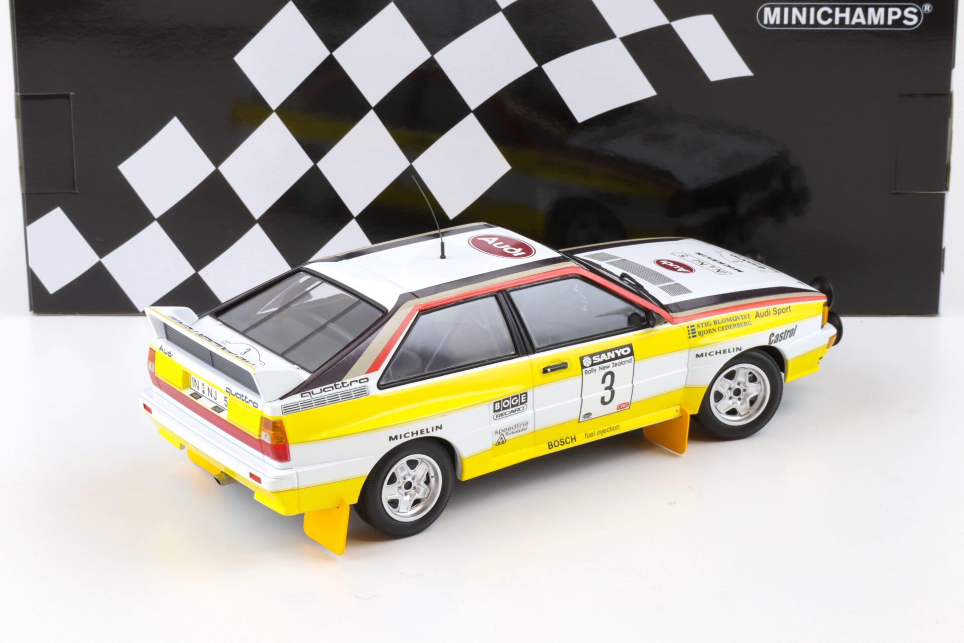 1:18 Minichamps Audi Quattro A2 Audi Sport Blomqvist/ Cederberg Winners Rally NZ 1984