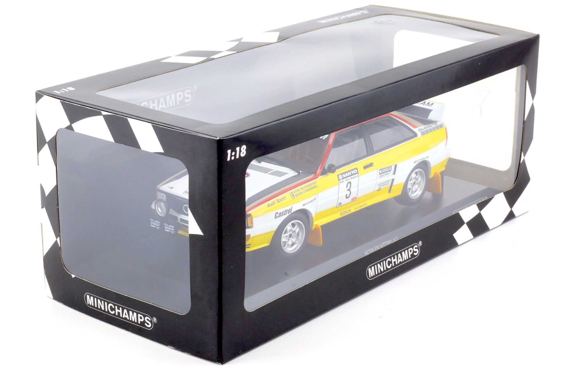 1:18 Minichamps Audi Quattro A2 Audi Sport Blomqvist/ Cederberg Winners Rally NZ 1984