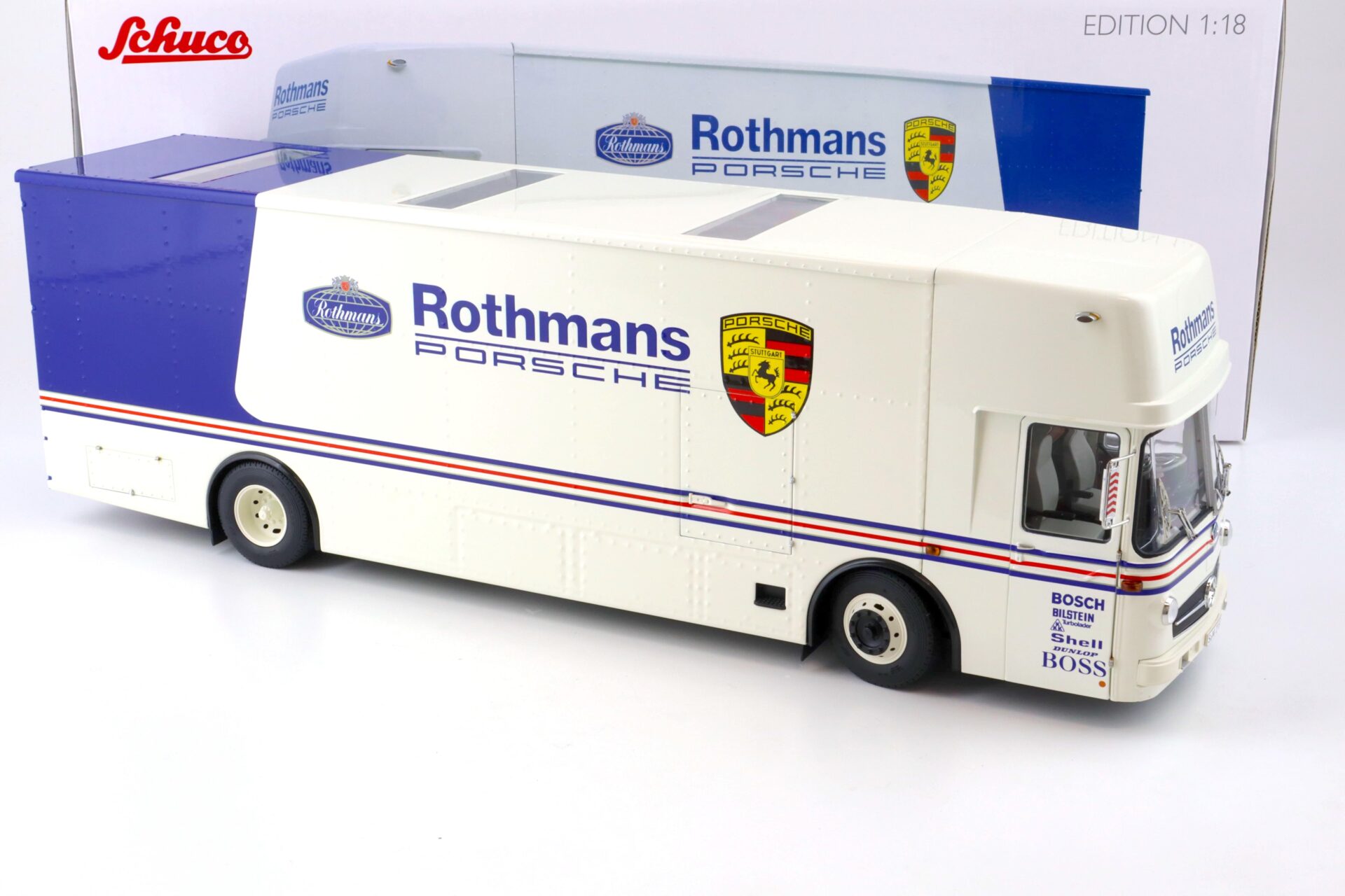 1:18 Schuco Mercedes O317 Renntransporter ROTHMANS PORSCHE white/ blue