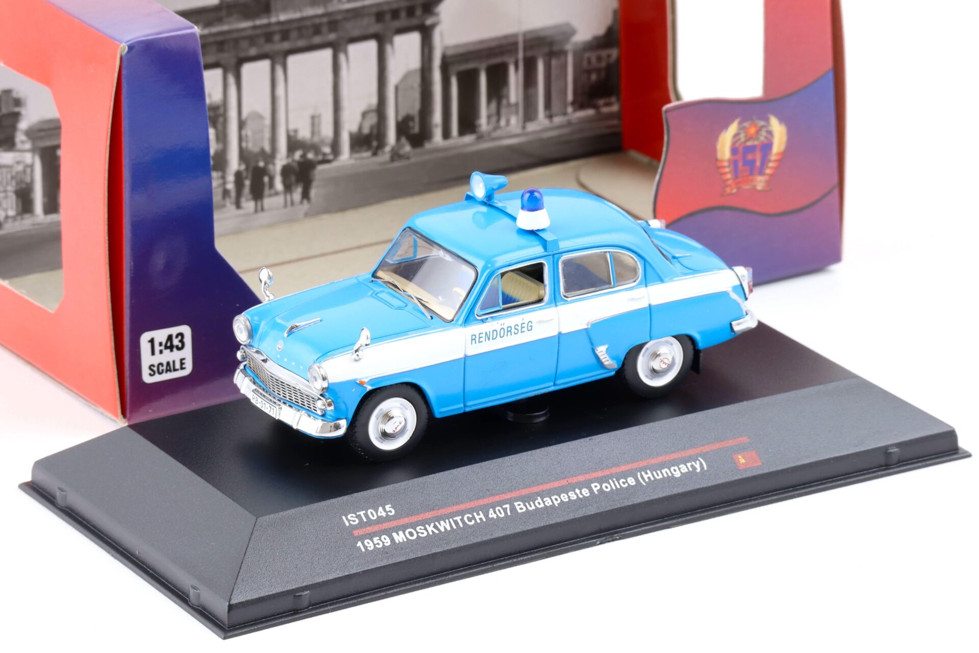 ID 82223 orig.jpg 1:43 IST Models Moskwitch 407 Budapest Police Hungary 1959 blue/ white