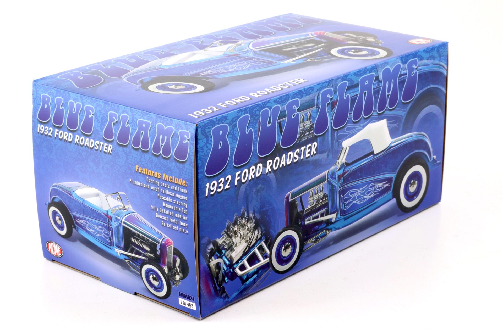 1:18 ACME 1932 Ford Roadster Hot Rod BLUE FLAME with white Top A1805024