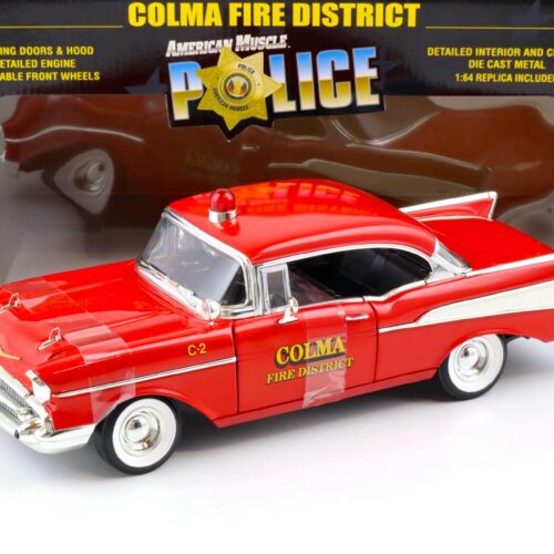 1:18 ERTL 1957 Chevrolet Bel Air Colma Fire District red with 1:64 Chevy Car