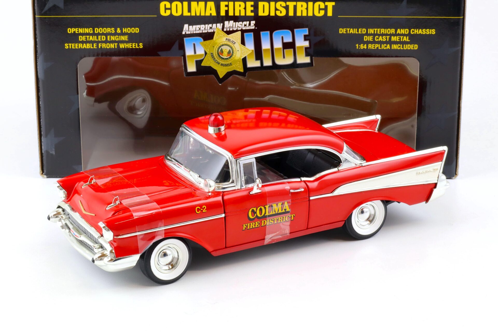 1:18 ERTL 1957 Chevrolet Bel Air Colma Fire District red with 1:64 Chevy Car