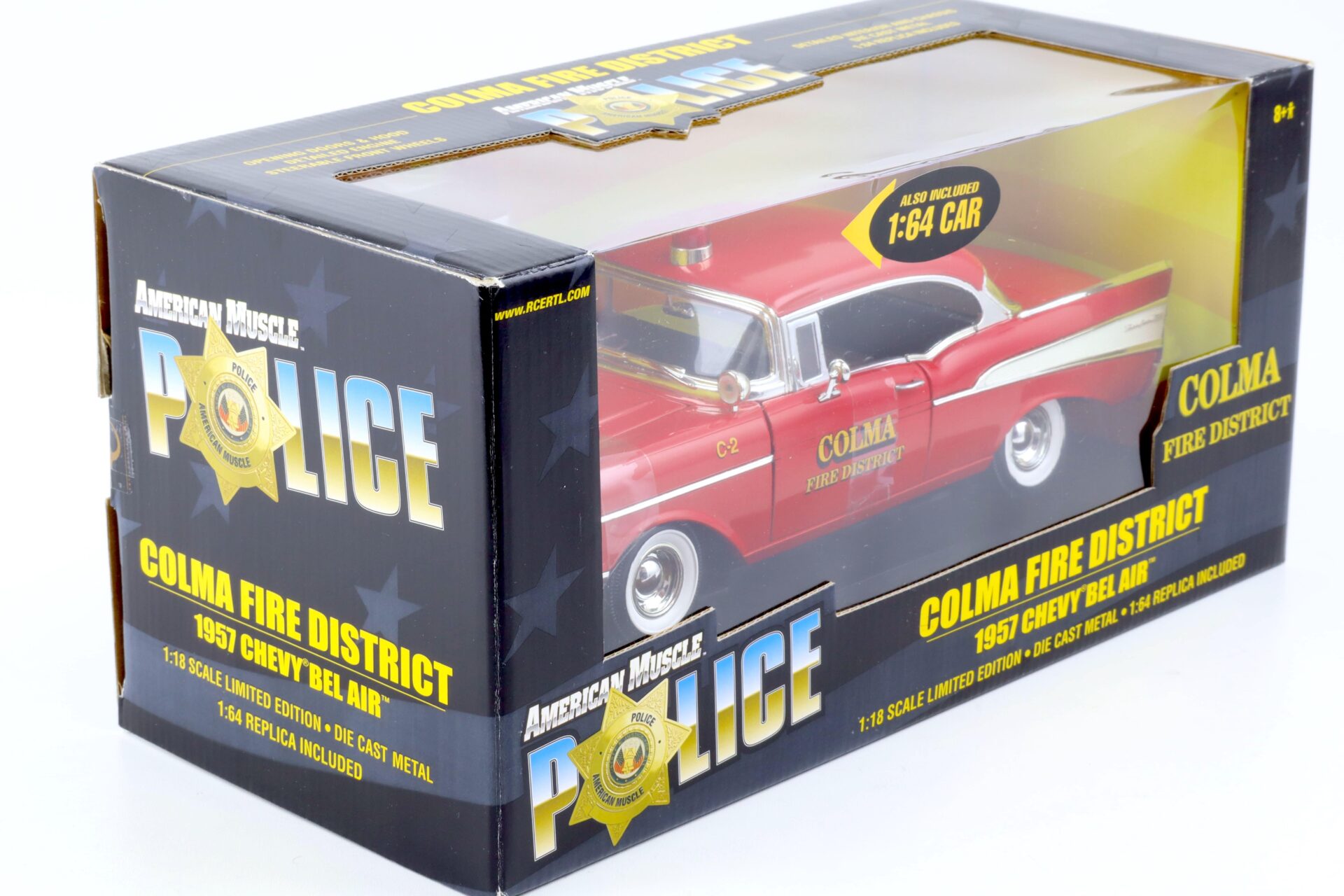 1:18 ERTL 1957 Chevrolet Bel Air Colma Fire District red with 1:64 Chevy Car