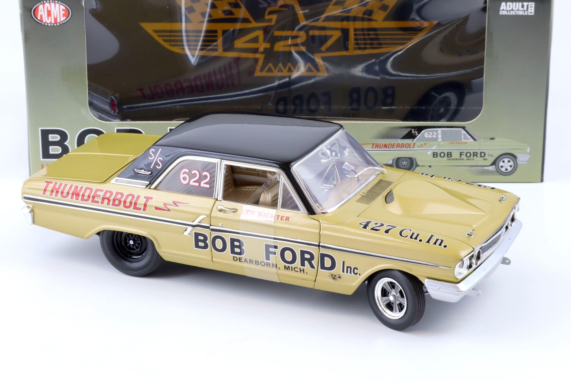 1:18 ACME 1964 Ford Fairlane 500 Thunderbolt NHRA BOB Ford #622 gold/black