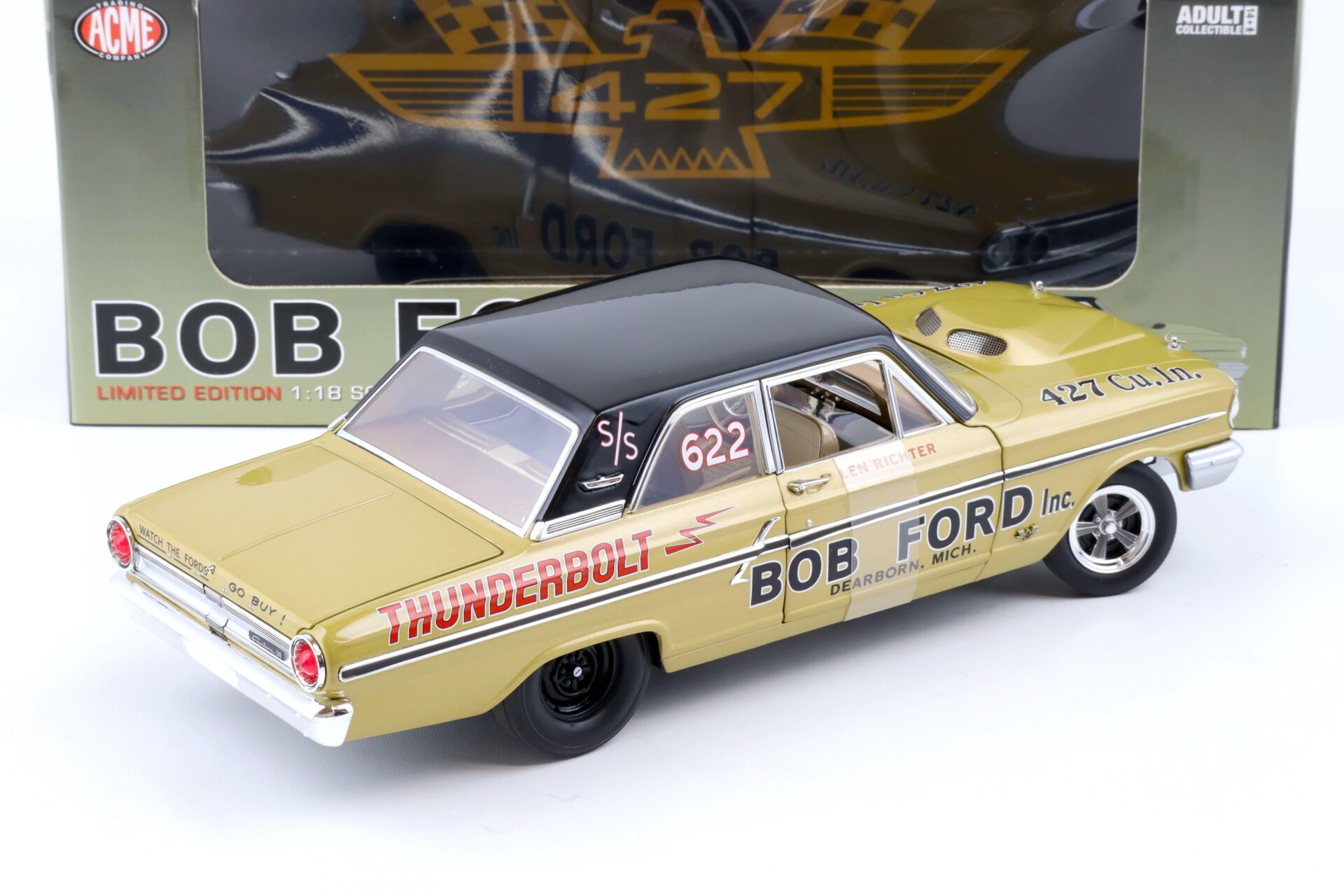 1:18 ACME 1964 Ford Fairlane 500 Thunderbolt NHRA BOB Ford #622 gold/black
