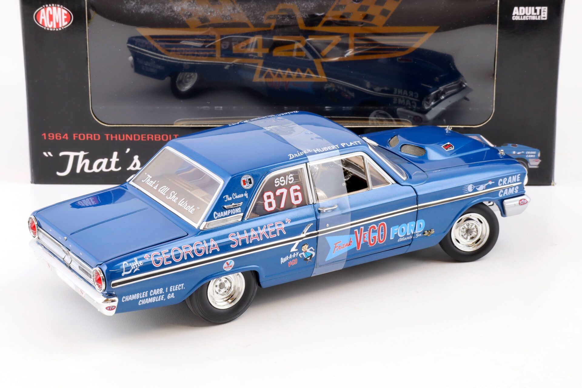 1:18 ACME 1964 Ford Fairlane 500 Thunderbolt NHRA Georgia Shaker #876 blue
