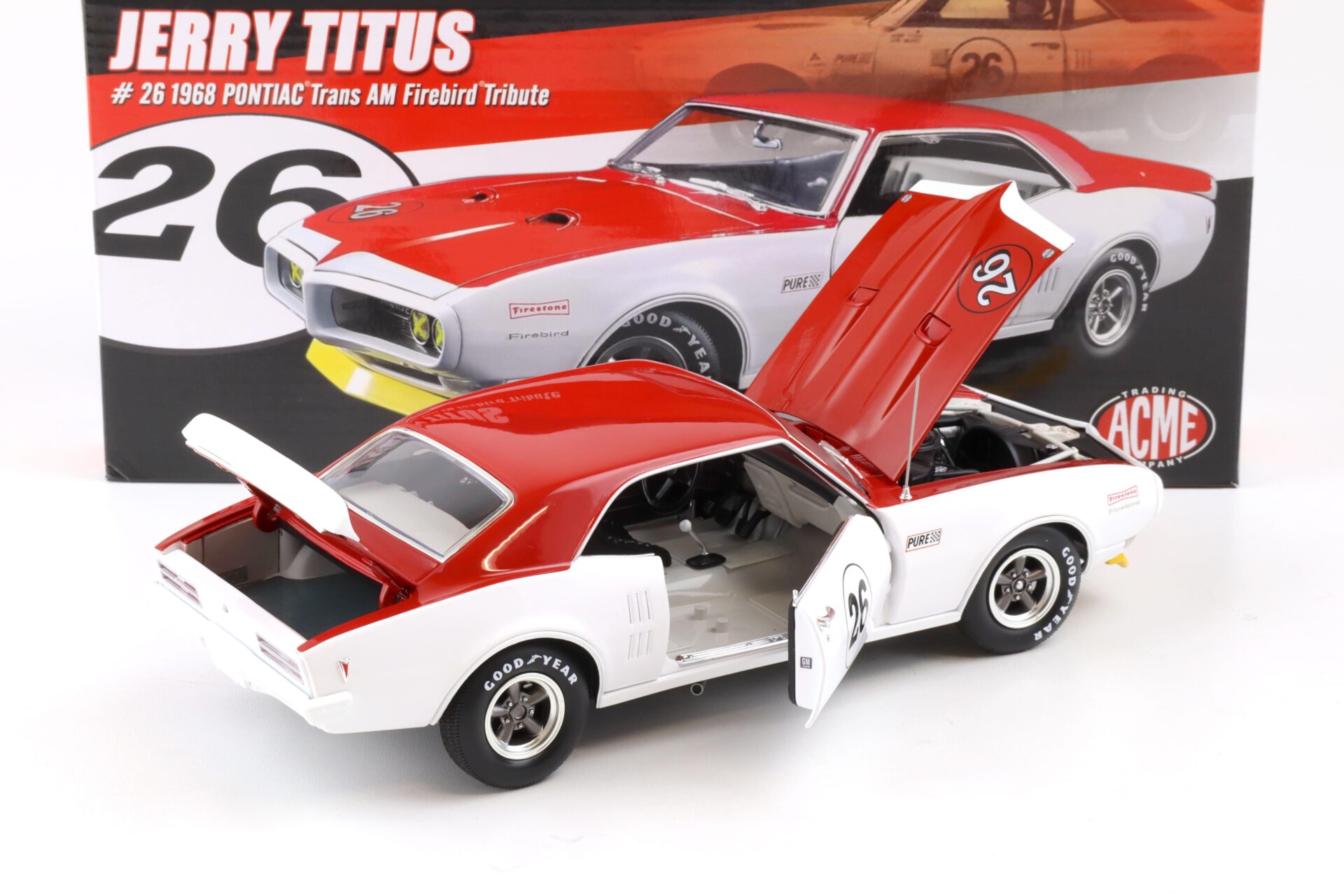1:18 ACME 1968 Pontiac Trans AM Firebird Tribute Jerry Titus #26 white/ red