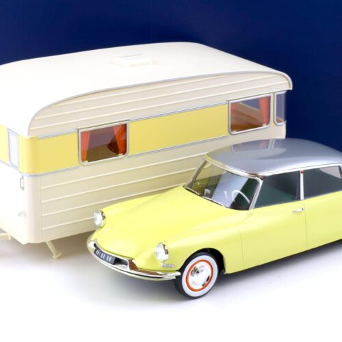 1:18 Norev Citroen DS 19 Jonquville yellow 1960 & Caravan Dengue Panoramic