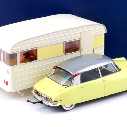 1:18 Norev Citroen DS 19 Jonquville yellow 1960 & Caravan Dengue Panoramic