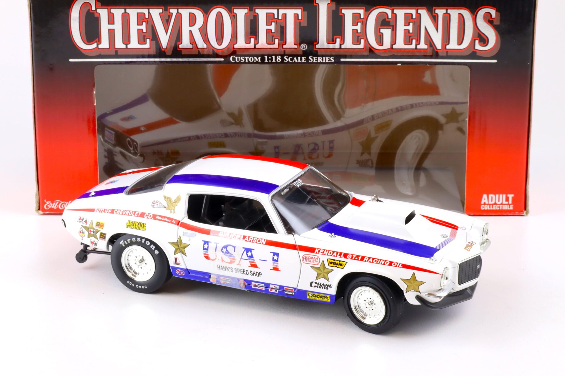 1:18 ERTL Collectibles 1970 Chevrolet Rally Sport Camaro Legends white with blue / red stripe