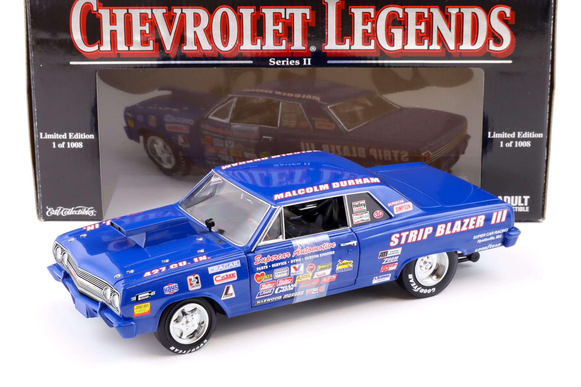 1:18 ERTL 1965 Chevrolet Chevelle Supercar Strip Blazer III Malcom Durham blue
