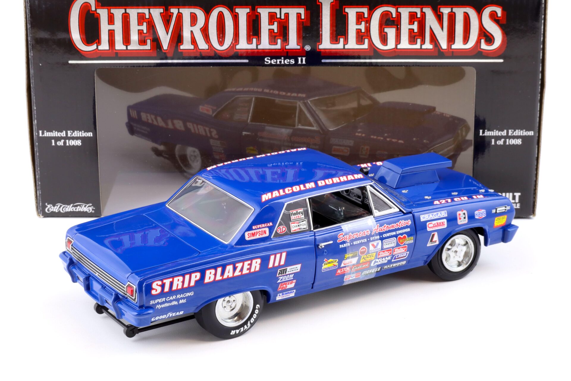 1:18 ERTL 1965 Chevrolet Chevelle Supercar Strip Blazer III Malcom Durham blue