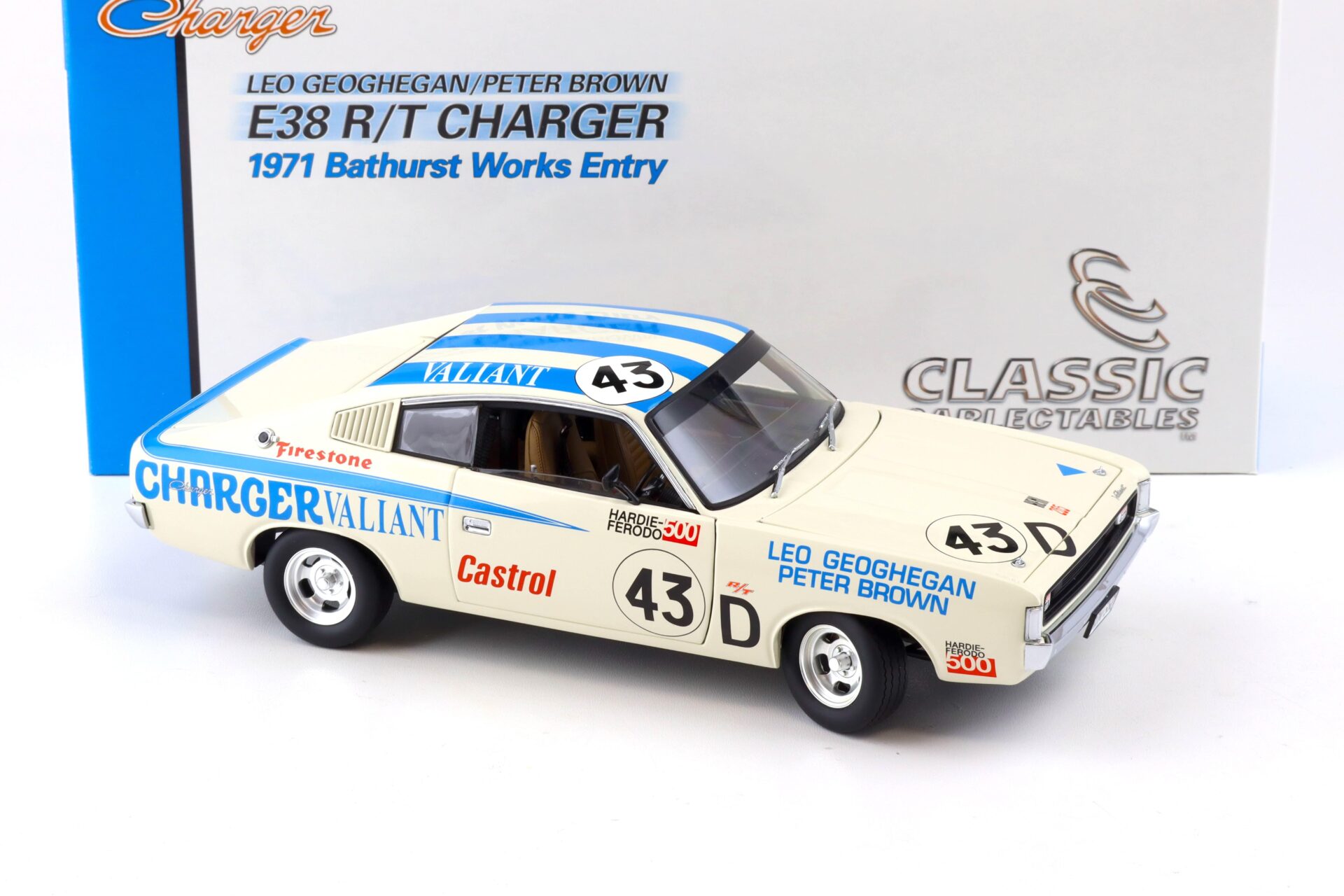 1:18 Classic Carlectables Chrysler E38 R/T Charger 1971 Bathurst Works Entry Geoghegan #43