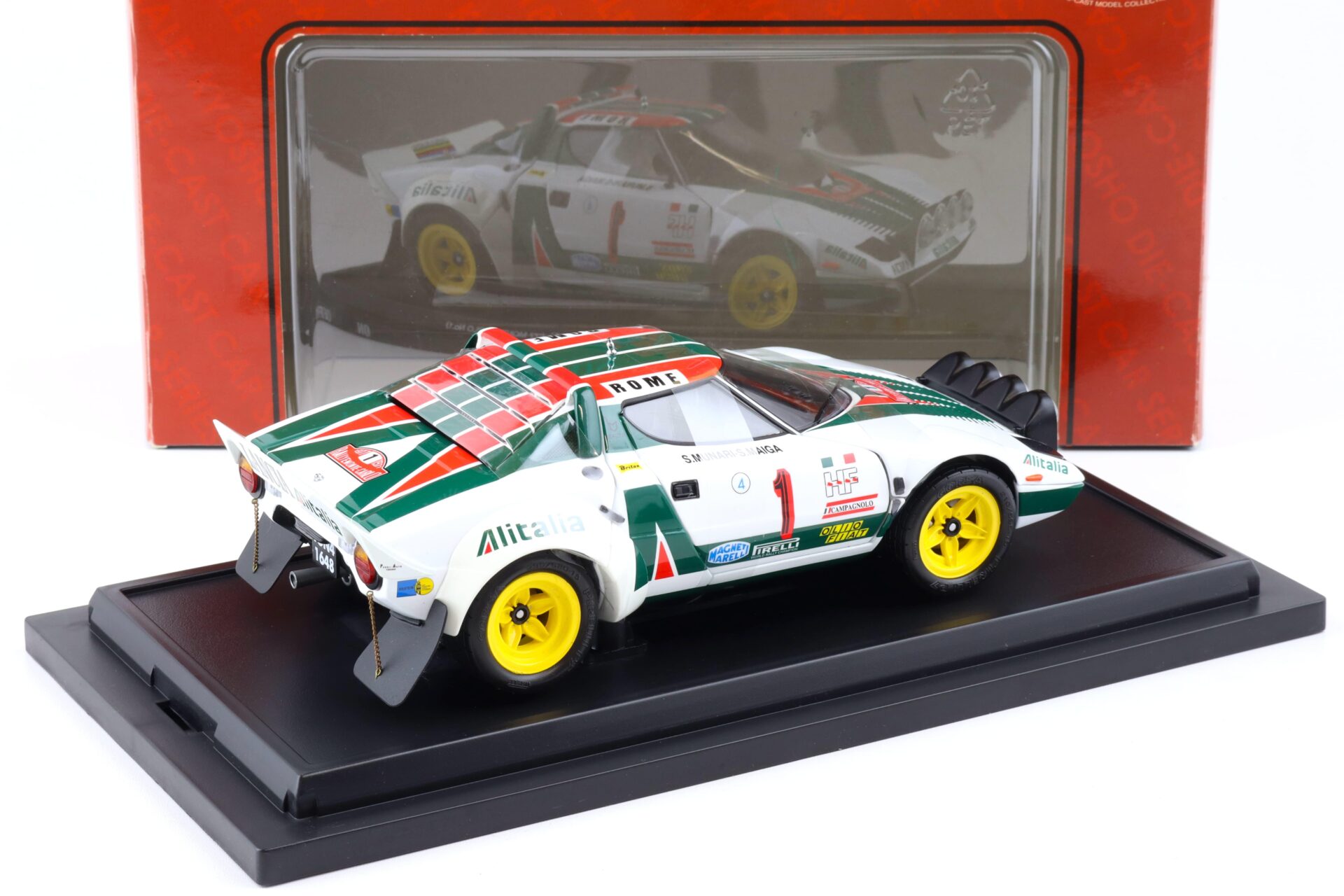1:18 Kyosho Lancia Stratos HF Rally Alitalia 1977 Monte Carlo #1 with lights 08139B