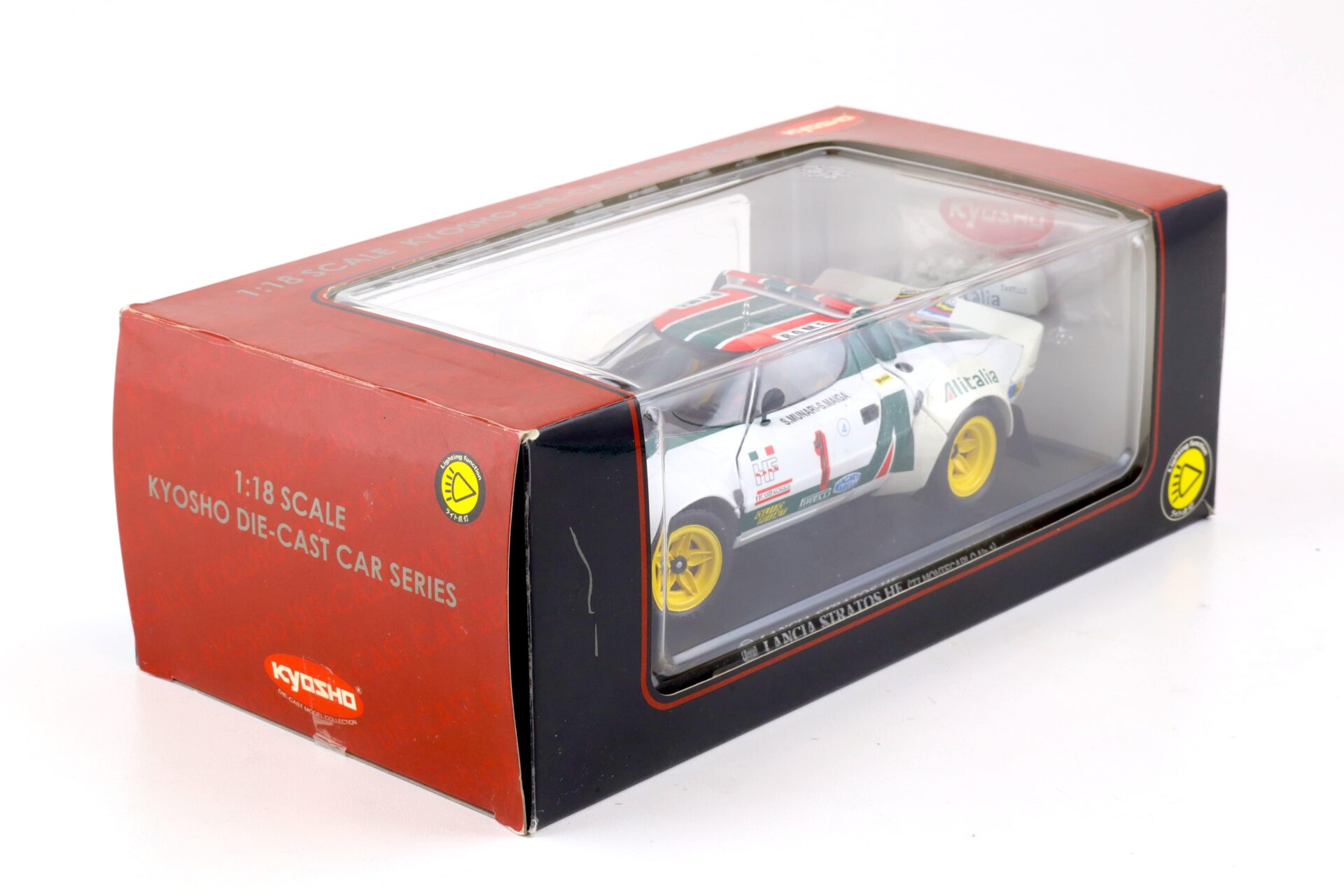 1:18 Kyosho Lancia Stratos HF Rally Alitalia 1977 Monte Carlo #1 with lights 08139B