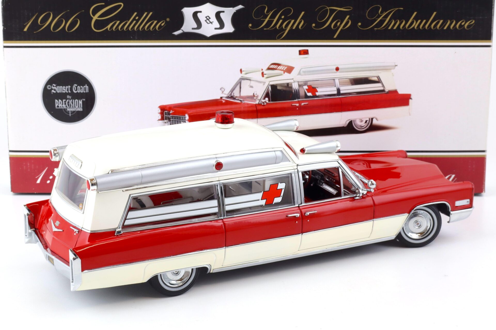 1:18 Sunset Coach Precision 1966 Cadillac S&S High Top Ambulance red/ white