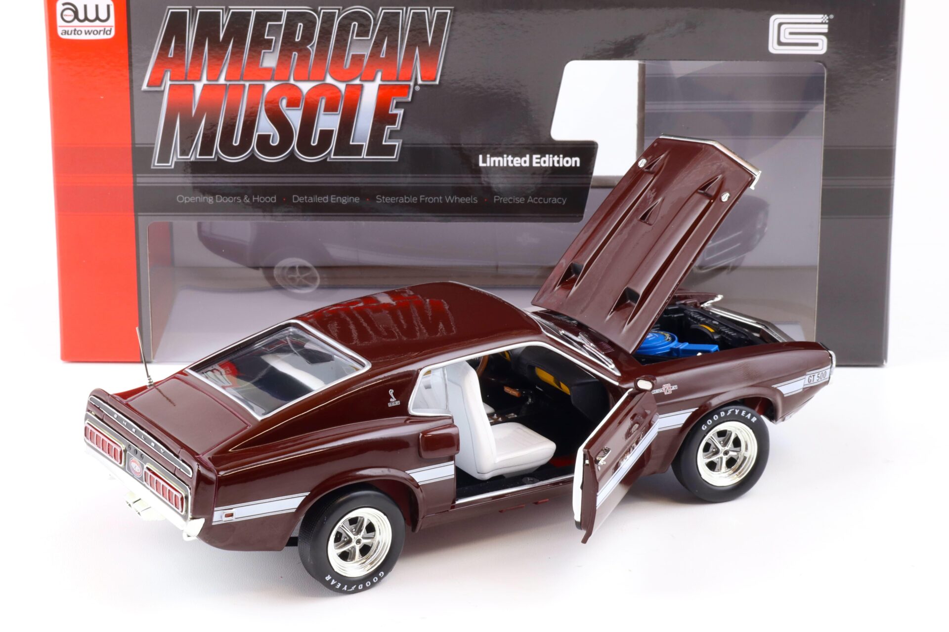 1:18 Auto World 1969 Shelby GT500 Mustang 2+2 Coupe MCACN Royal Maroon