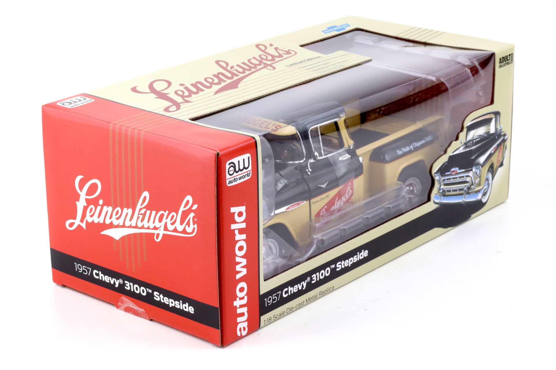1:18 Auto World 1957 Chevrolet 3100 Stepside Pickup LeinenkugleÂ´s Beer black&tan