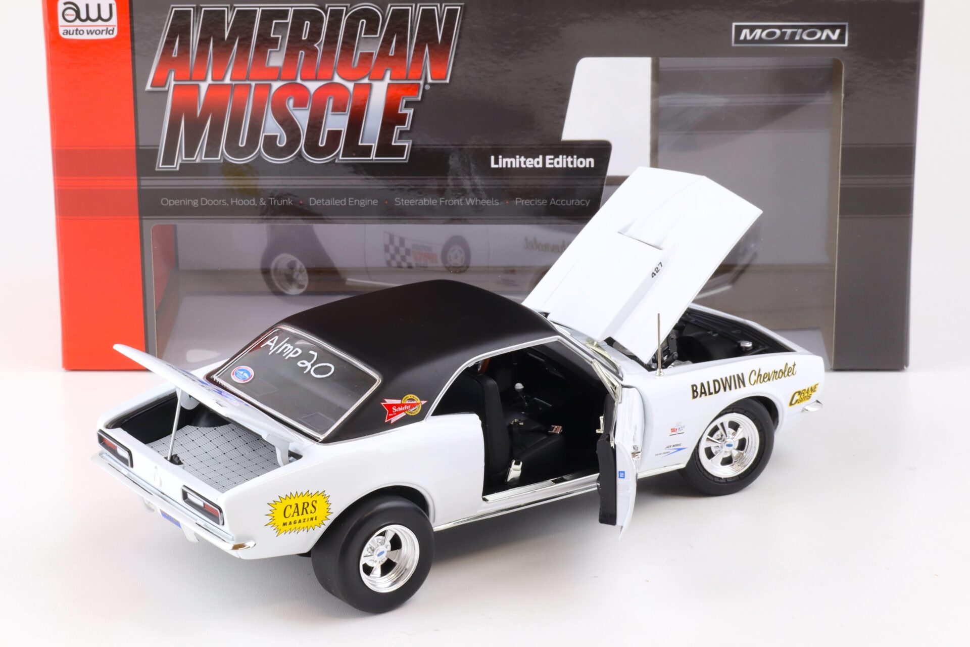 1:18 Auto World 1967 Baldwin Motion Chevrolet Camaro SS 427 Ermine white/ black