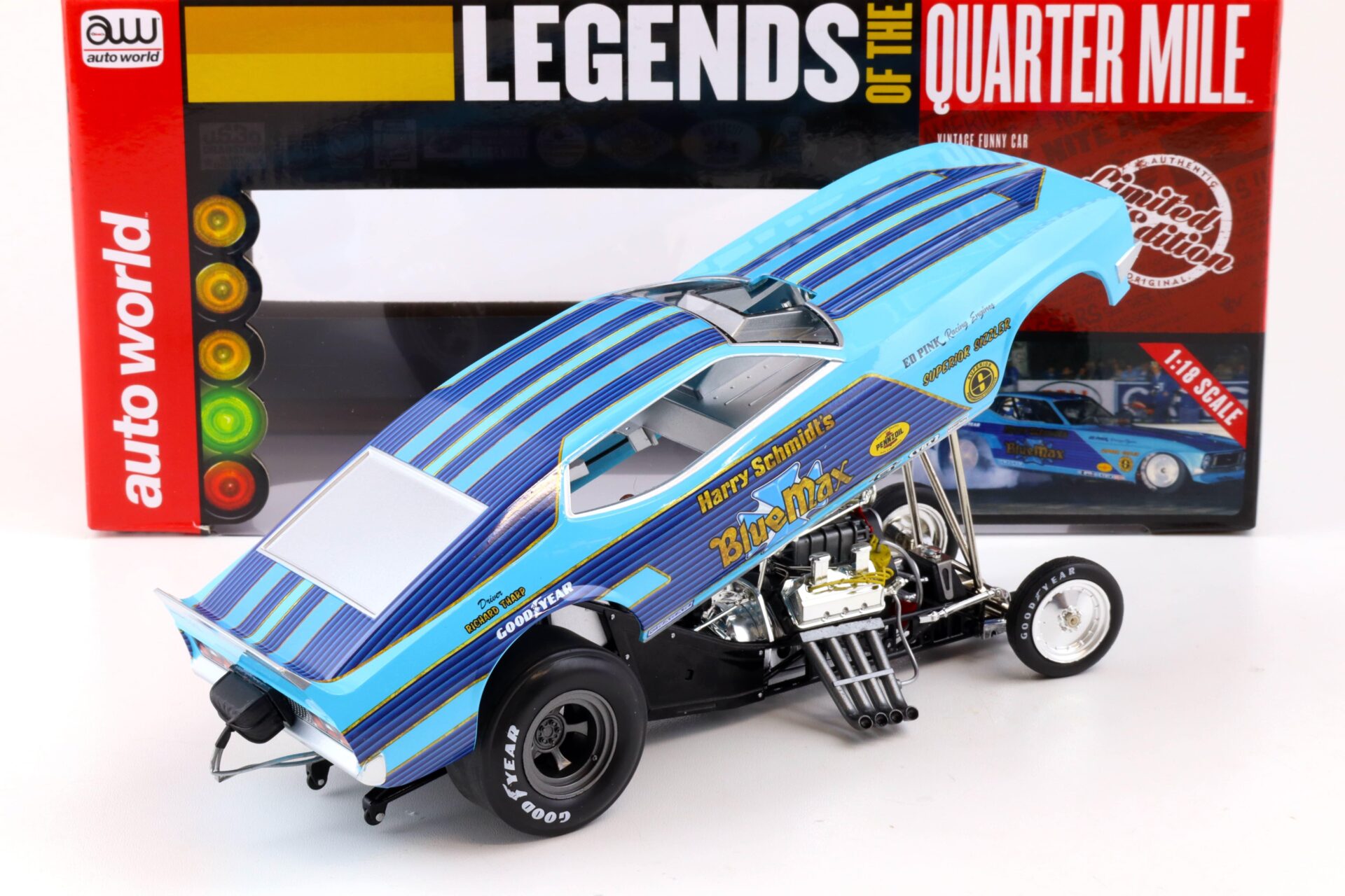 1:18 Auto World 1973 BLUE MAX Ford Mustang Funny Car LOTQM Harry Schmidt blue