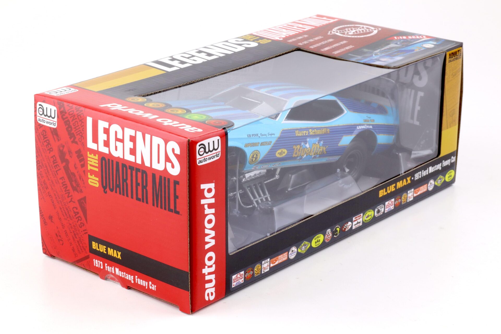 1:18 Auto World 1973 BLUE MAX Ford Mustang Funny Car LOTQM Harry Schmidt blue