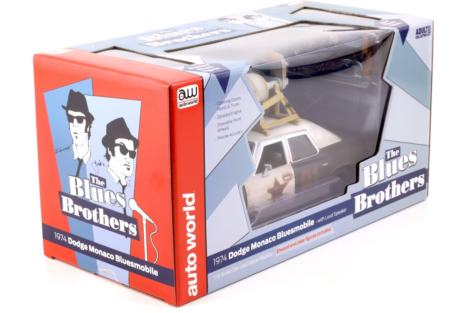 1:18 Auto World 1974 Dodge Monaco Bluesmobile with Loud Speaker Blues Brothers + Figures
