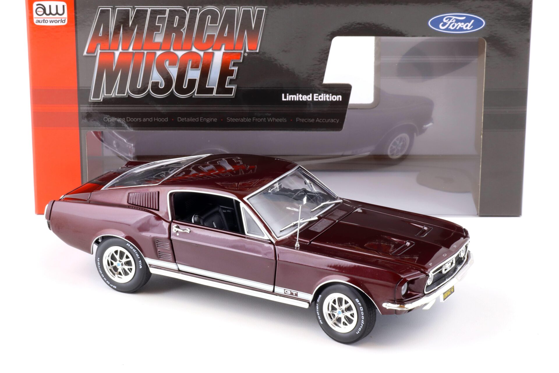 1:18 Auto World 1967 Ford Mustang GT 2+2 Coupe Code X Vintage Burgundy