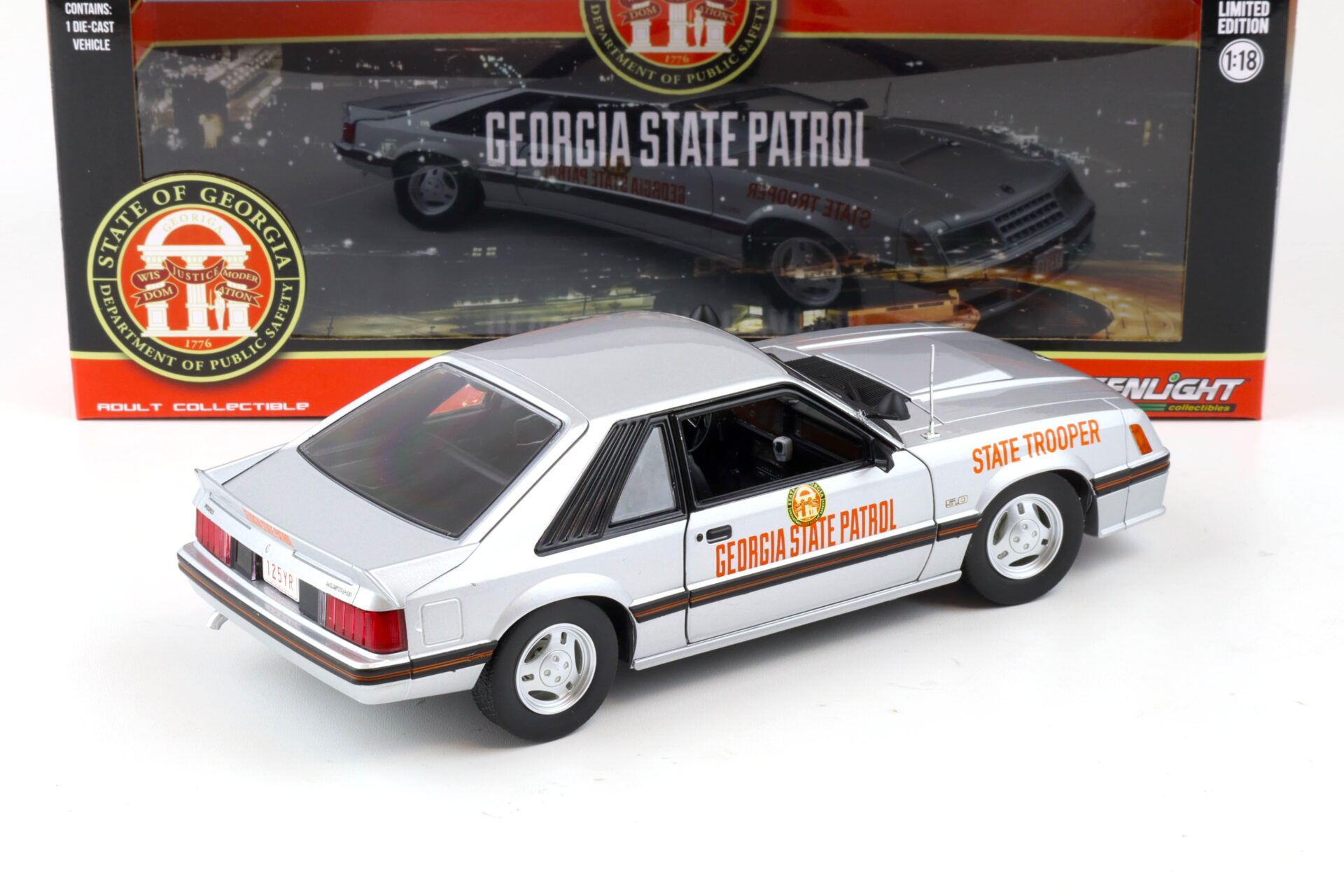1:18 Greenlight 1982 Ford Mustang GT 5.0 Coupe SSP Georgia State Patrol State Trooper