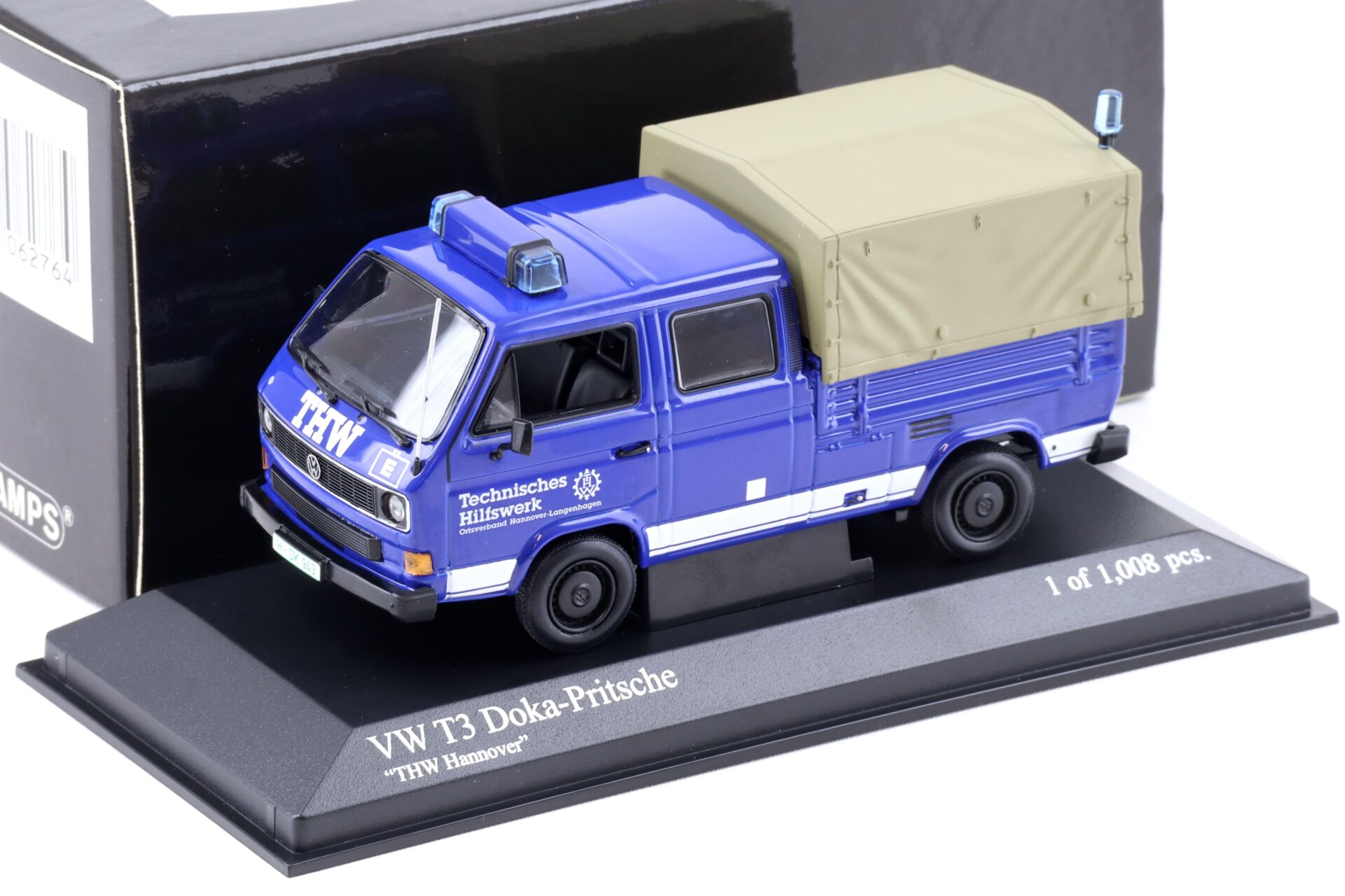 1:43 Minichamps VW T3 Doka Pritschenwagen THW Hannover blue